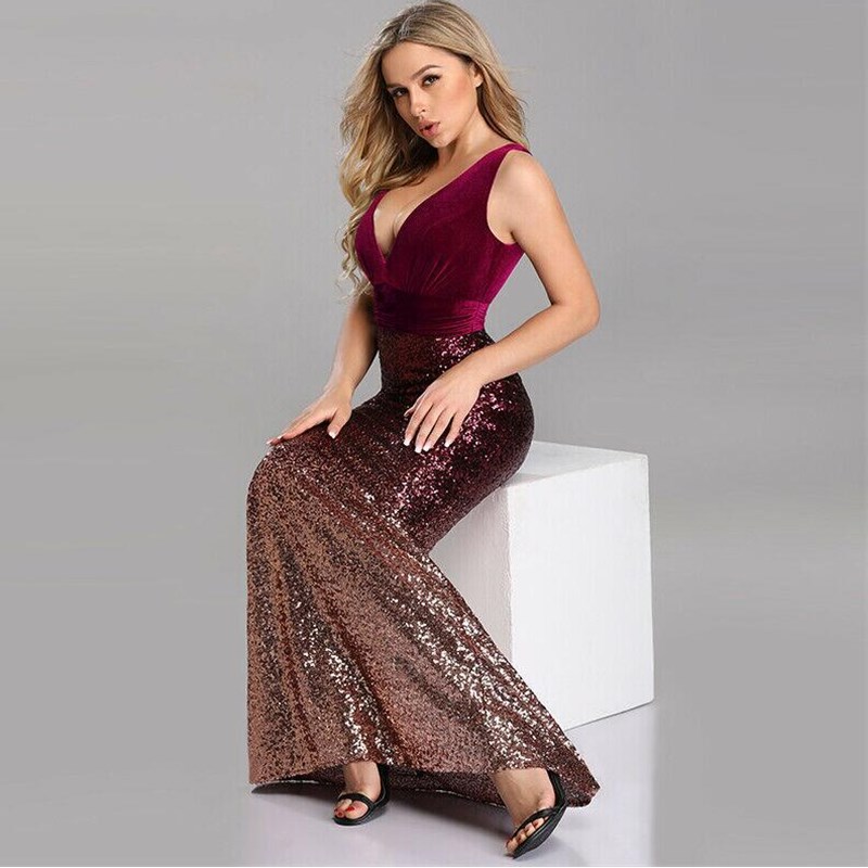 2021 New Women's Sexy V-neck Sequins Evening Dress Long Waist Skirt Lady Party Concert Dress