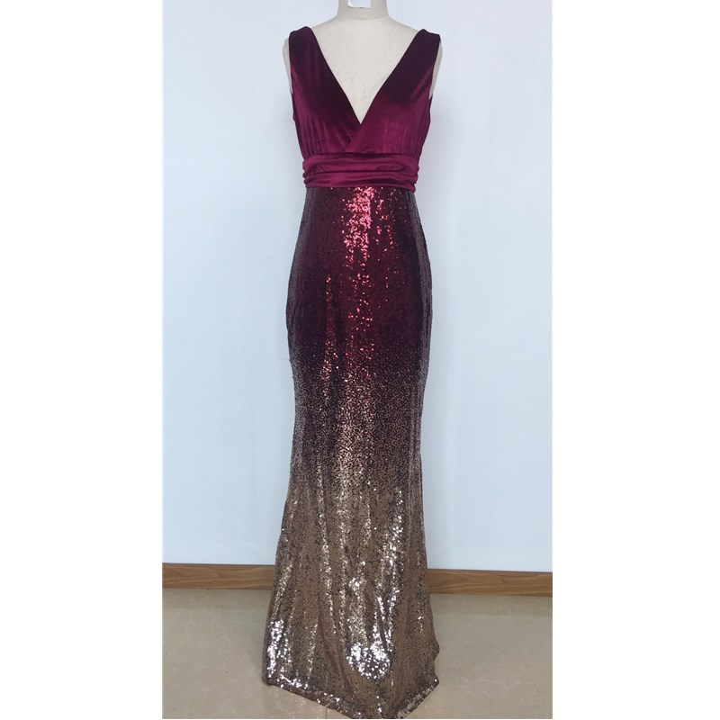 2021 New Women's Sexy V-neck Sequins Evening Dress Long Waist Skirt Lady Party Concert Dress