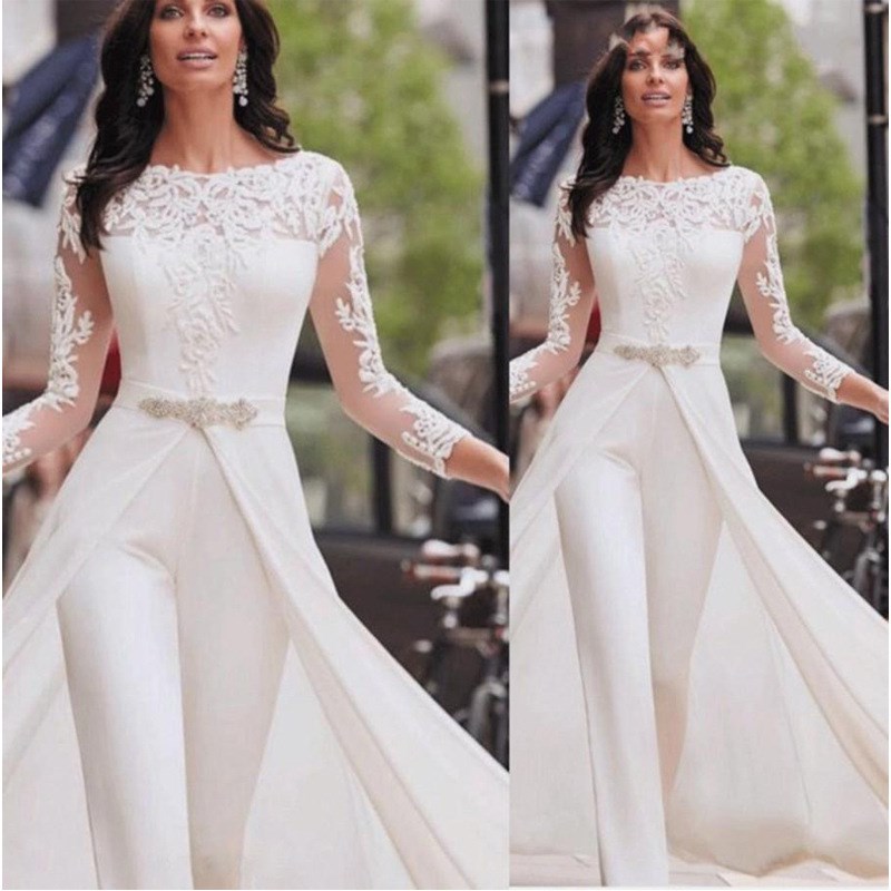 Long Lace Sleeve Pants Windbreaker Fake 2PC Jumpsuit Bridemaid Wedding Dress Lady Evening Dress