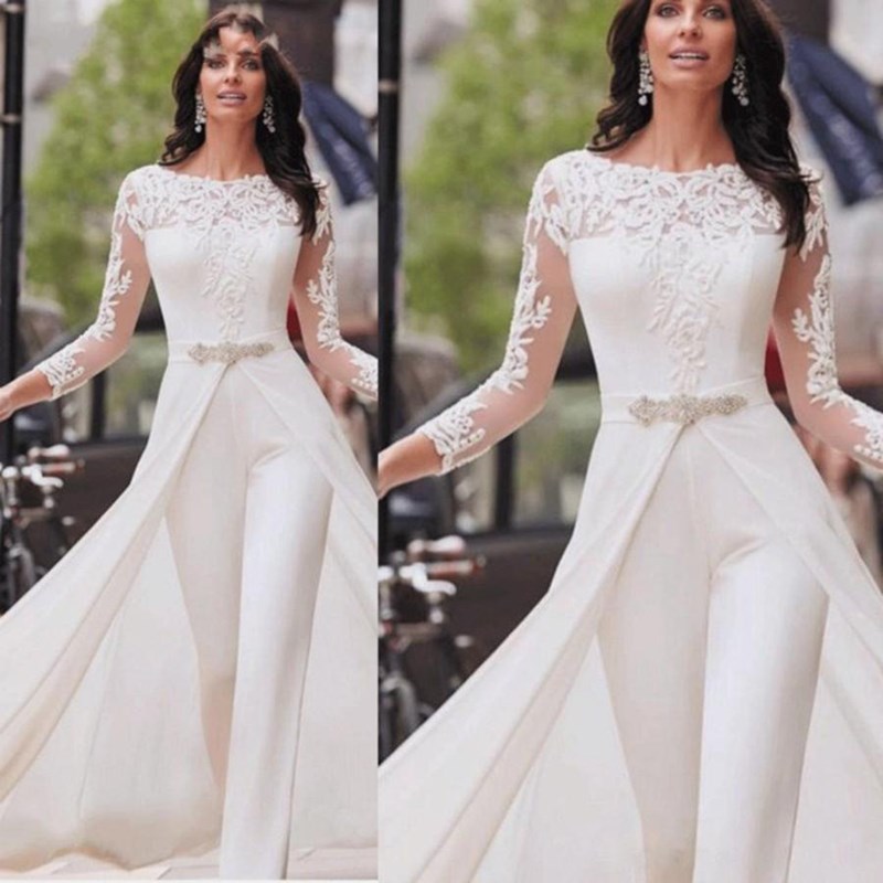 Long Lace Sleeve Pants Windbreaker Fake 2PC Jumpsuit Bridemaid Wedding Dress Lady Evening Dress