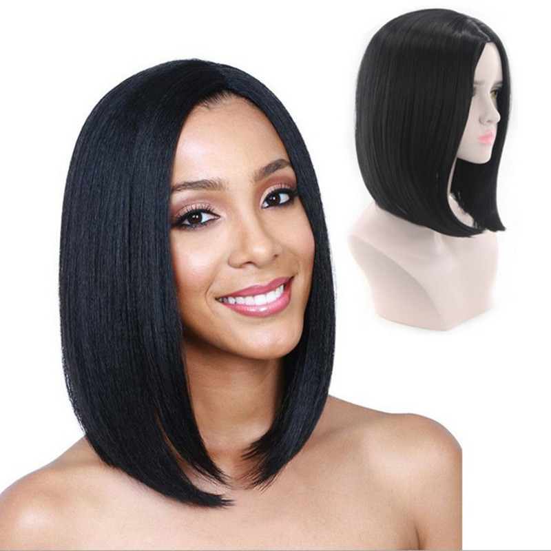 Popular New Year Gift Burst Women's Mid Split Bobo Hair Chemical Fiber Straight Parties Lady Wig Set