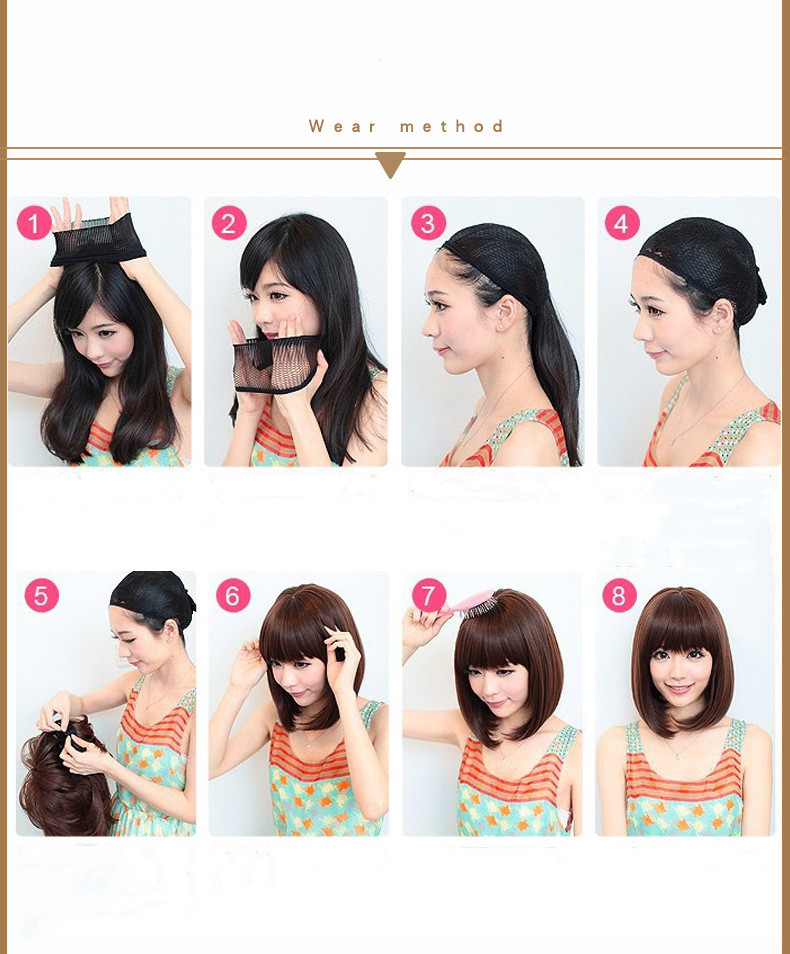 Popular New Year Gift Burst Women's Mid Split Bobo Hair Chemical Fiber Straight Parties Lady Wig Set