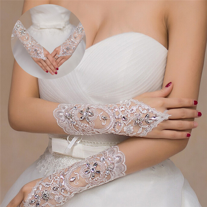 Popular Wedding Gift Bridal Gloves Short  Rhinestone White Lace Glove Beautiful Wedding Accessories