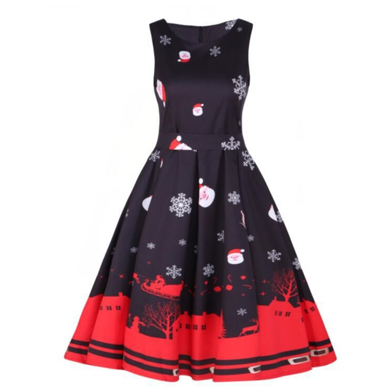 New Year Hot Gift Women's Round-Neck Sleeveless Dress Christmas Party Dress Printed Evening Dress