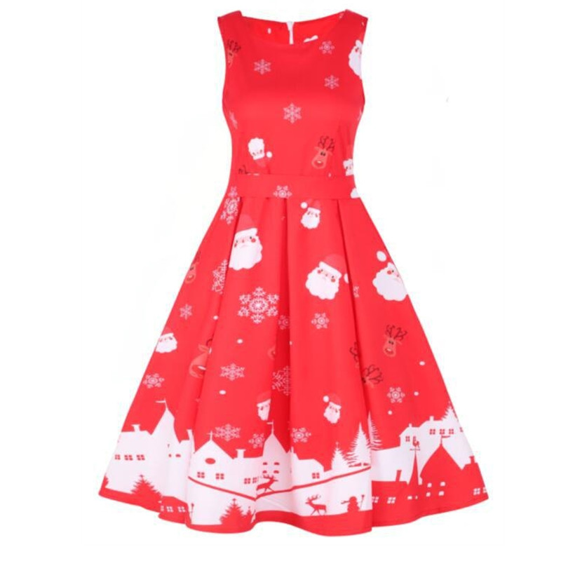New Year Hot Gift Women's Round-Neck Sleeveless Dress Christmas Party Dress Printed Evening Dress