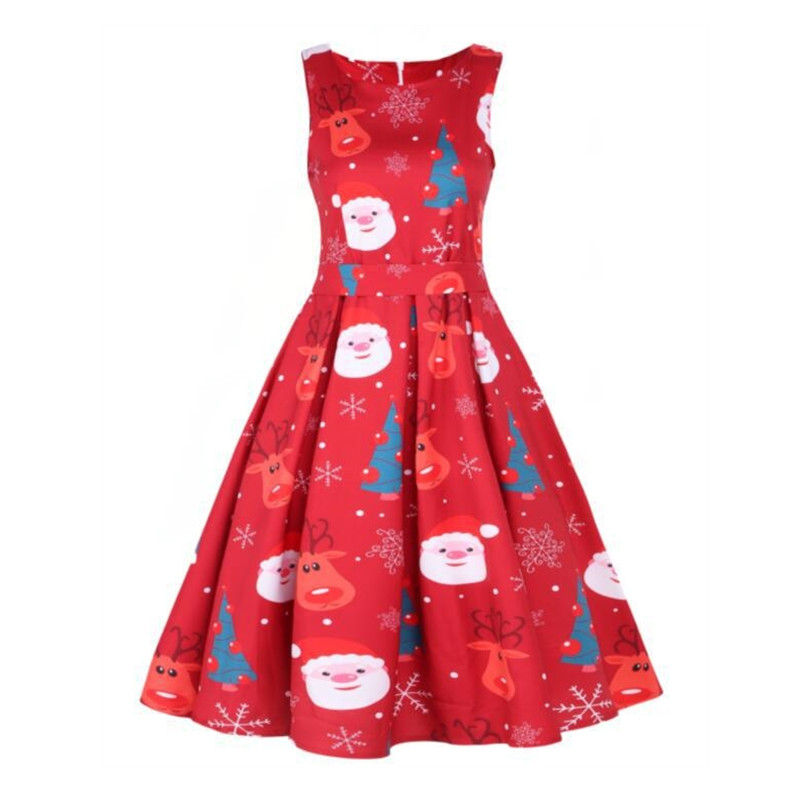 New Year Hot Gift Women's Round-Neck Sleeveless Dress Christmas Party Dress Printed Evening Dress