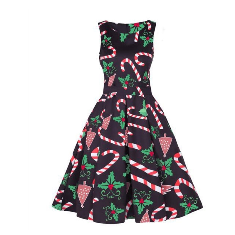 New Year Hot Gift Women's Round-Neck Sleeveless Dress Christmas Party Dress Printed Evening Dress