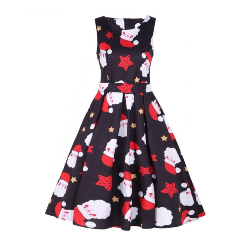 New Year Hot Gift Women's Round-Neck Sleeveless Dress Christmas Party Dress Printed Evening Dress