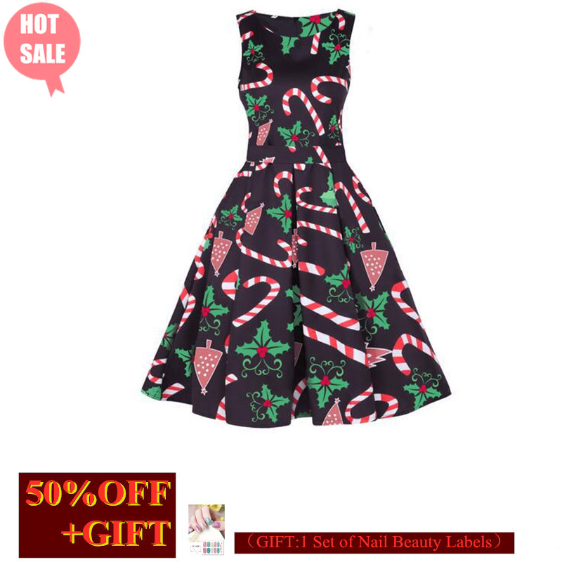 New Year Hot Gift Women's Round-Neck Sleeveless Dress Christmas Party Dress Printed Evening Dress