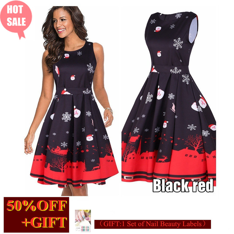 New Year Hot Gift Women's Round-Neck Sleeveless Dress Christmas Party Dress Printed Evening Dress