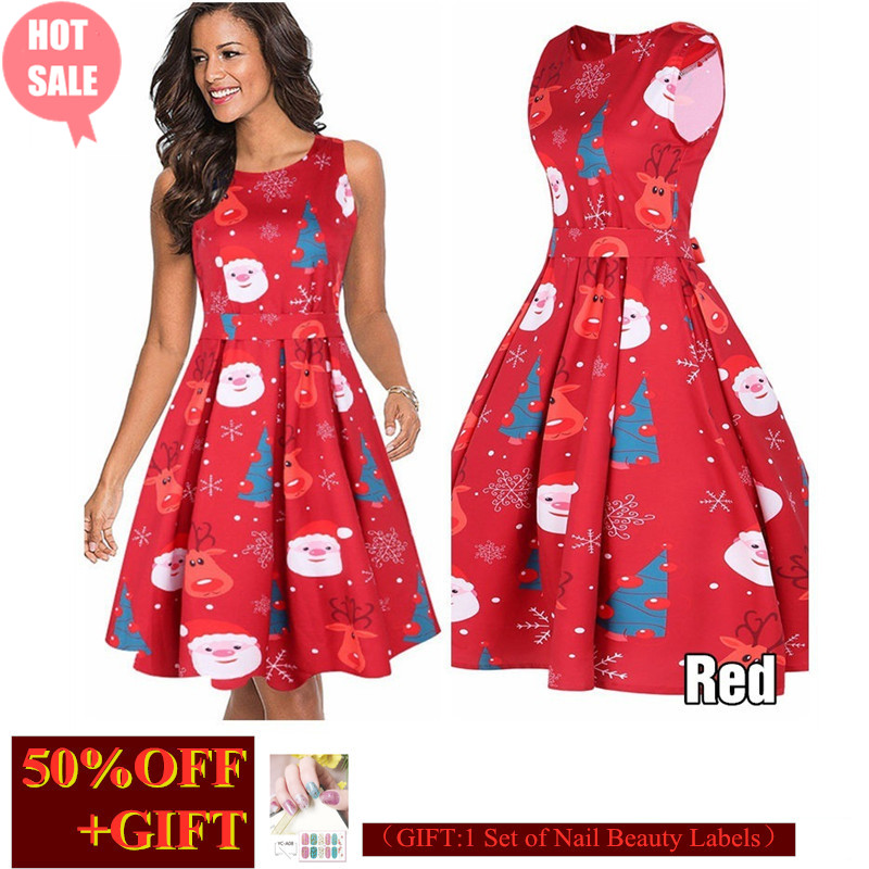 New Year Hot Gift Women's Round-Neck Sleeveless Dress Christmas Party Dress Printed Evening Dress