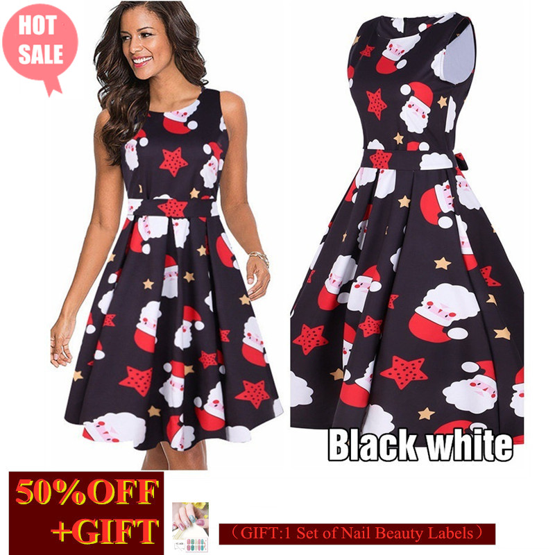 New Year Hot Gift Women's Round-Neck Sleeveless Dress Christmas Party Dress Printed Evening Dress