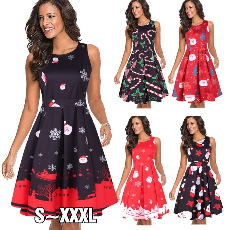 New Year Hot Gift Women's Round-Neck Sleeveless Dress Christmas Party Dress Printed Evening Dress