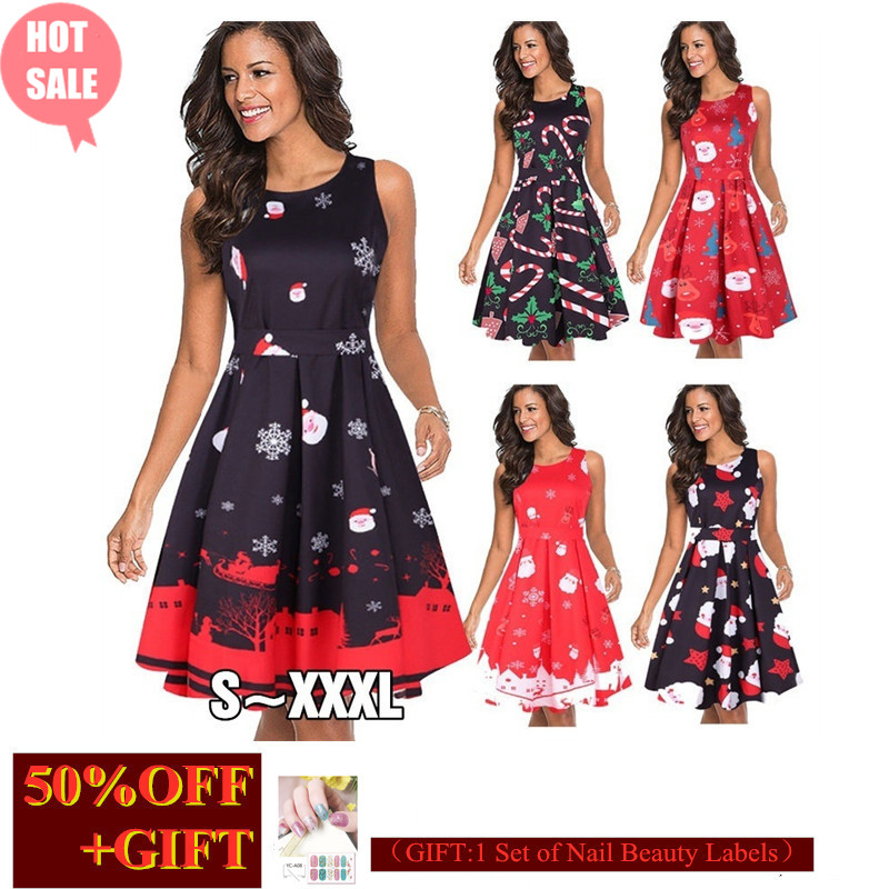 New Year Hot Gift Women's Round-Neck Sleeveless Dress Christmas Party Dress Printed Evening Dress