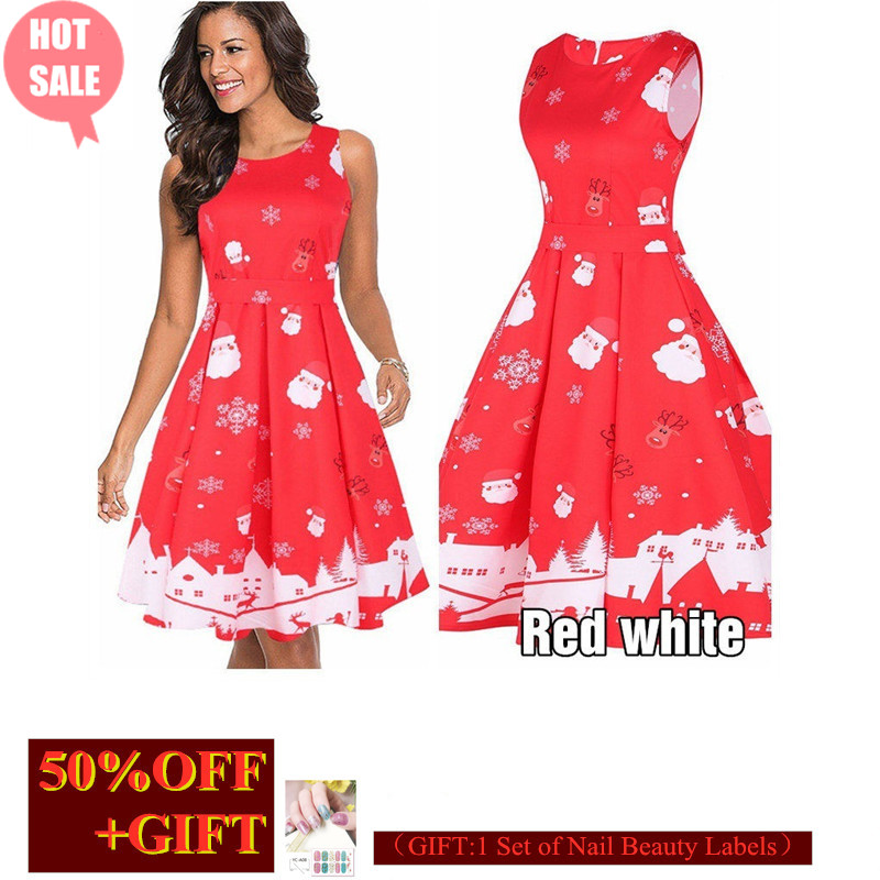 New Year Hot Gift Women's Round-Neck Sleeveless Dress Christmas Party Dress Printed Evening Dress