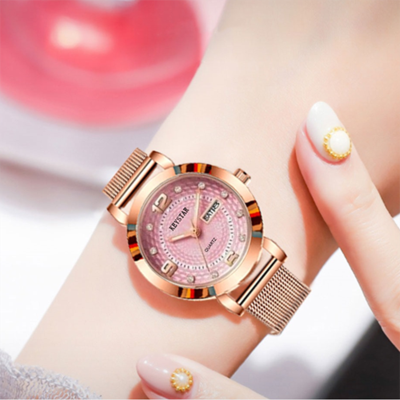 High Level Steel Women Watch Full Automatic Double Calendar Girl Steel Belt Lady Watch New Year Hot Gift Night Light Dual Calendar Non-Mechanical Automatic Fashion Women Watches Friends Birthday Gift