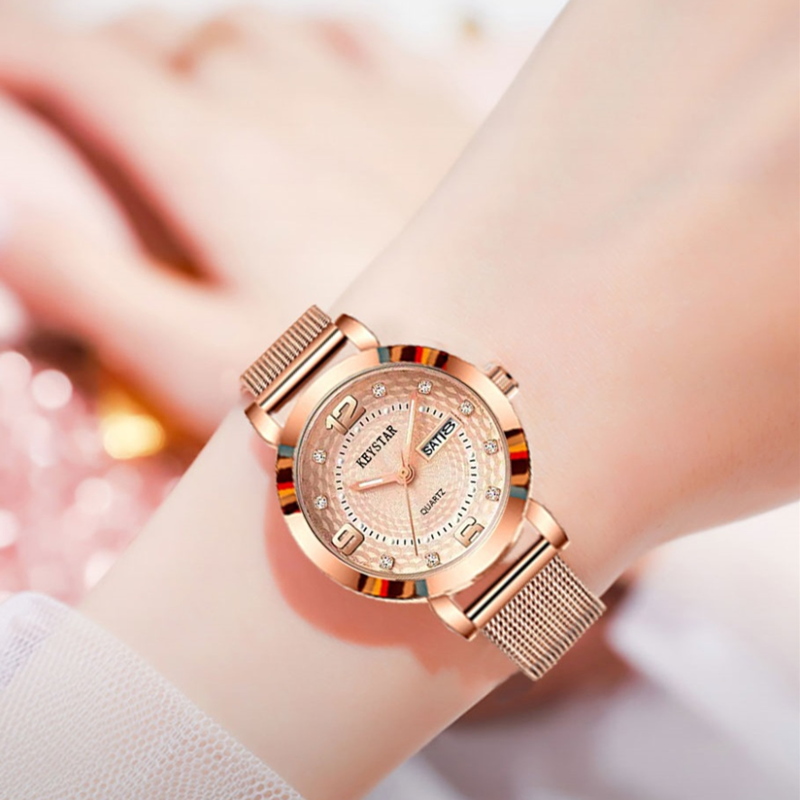 High Level Steel Women Watch Full Automatic Double Calendar Girl Steel Belt Lady Watch New Year Hot Gift Night Light Dual Calendar Non-Mechanical Automatic Fashion Women Watches Friends Birthday Gift
