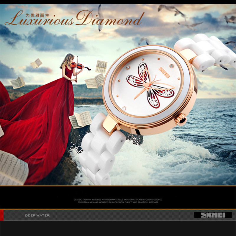 New Year Fashion Waterproof Hollow Out Lady Watch Ceramic Band Girls Students Women Creative Watch