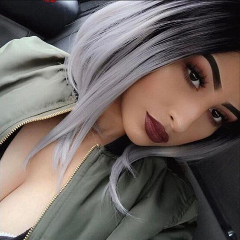 Popular African Women Personality Wigs Split Black Gradient Grey Bobo Short Straight Girls Lady Hair