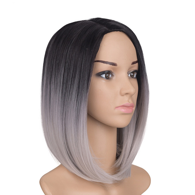Popular African Women Personality Wigs Split Black Gradient Grey Bobo Short Straight Girls Lady Hair