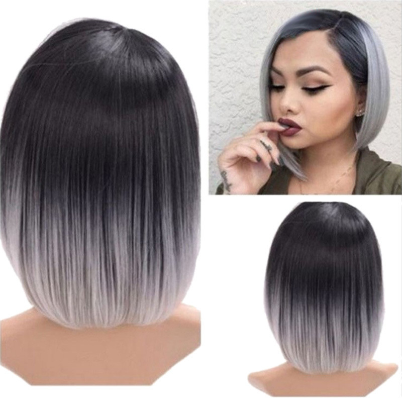 Popular African Women Personality Wigs Split Black Gradient Grey Bobo Short Straight Girls Lady Hair