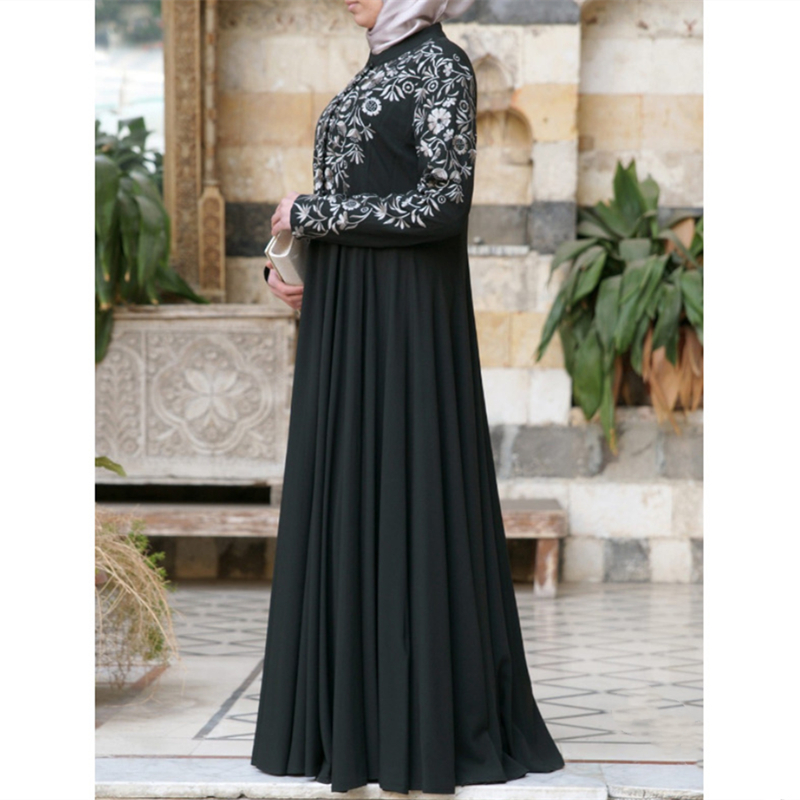 2021 High Grade New Muslim Women Long Sleeve Dress Stand Collar Flower Print  Lady Skirt