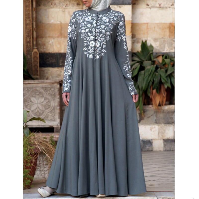 2021 High Grade New Muslim Women Long Sleeve Dress Stand Collar Flower Print  Lady Skirt