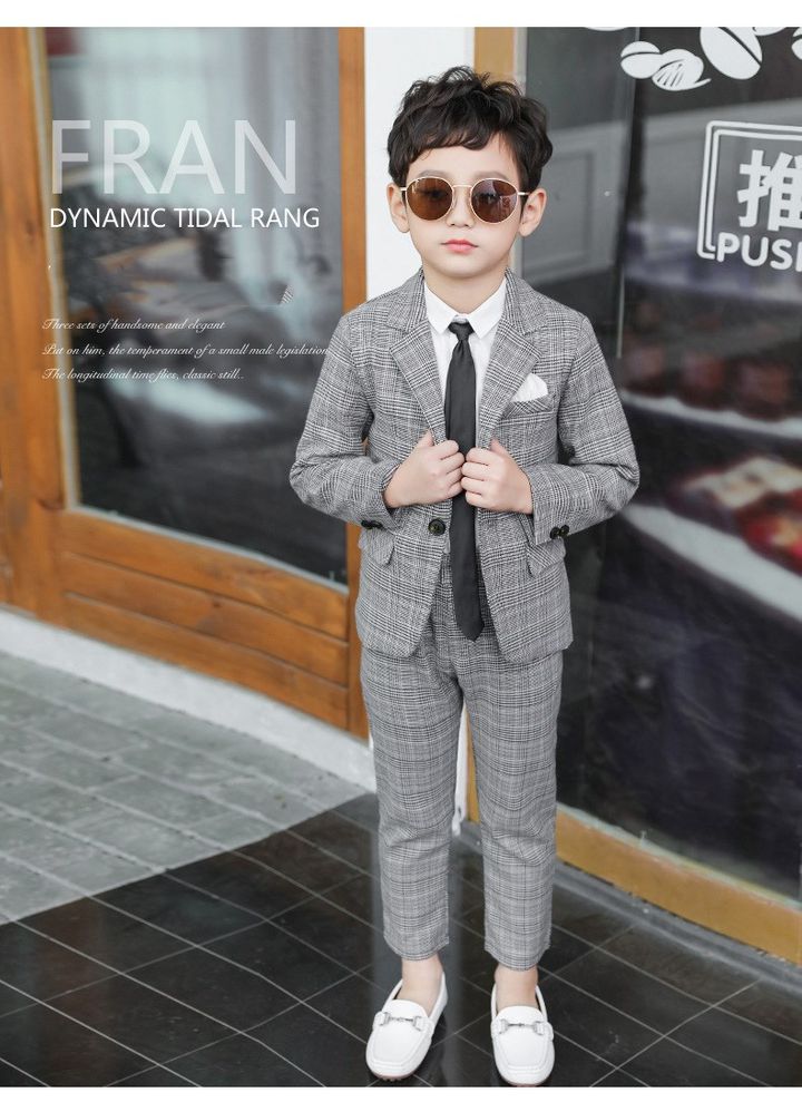Tie+Blazer+Pants+Shirt Four-pcs Kids Child Boys Suits Formal Gentleman  Wedding Suit Children Party Korean Children's Suit Checkered Fashion Boy Small Suit New Flower Boy Dress