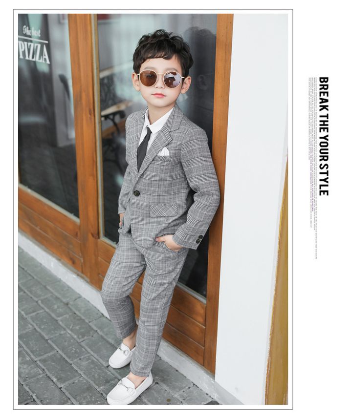 Tie+Blazer+Pants+Shirt Four-pcs Kids Child Boys Suits Formal Gentleman  Wedding Suit Children Party Korean Children's Suit Checkered Fashion Boy Small Suit New Flower Boy Dress