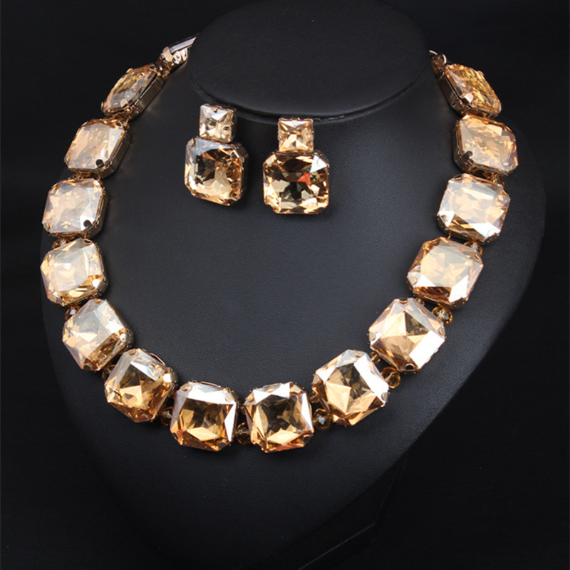 European&amp;American Exaggerated Crystal Necklace Earring Suit Female Fashion Brand Accessories