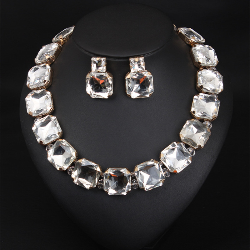 European&amp;American Exaggerated Crystal Necklace Earring Suit Female Fashion Brand Accessories