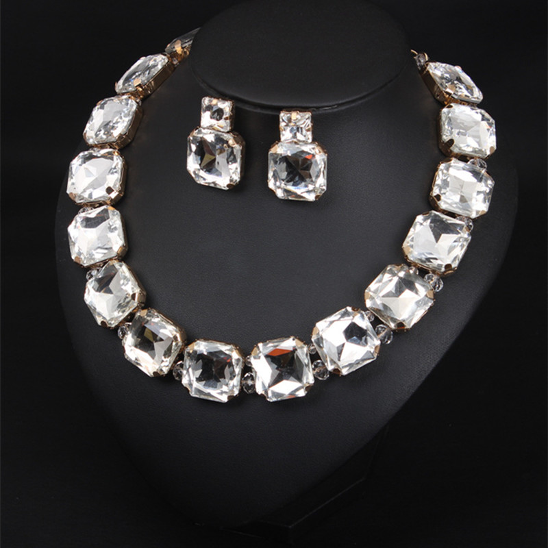 European&amp;American Exaggerated Crystal Necklace Earring Suit Female Fashion Brand Accessories