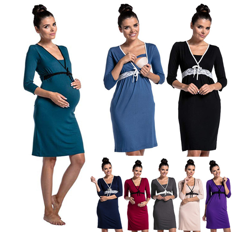 European American Fashion Lace Stitching Maternity Dress Multifunction Nursing Pregnant Women Skirt