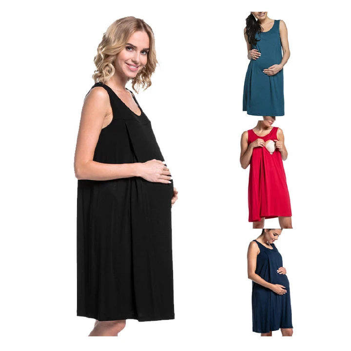 Hot Sell Maternity Cotton Pajamas Solid Color Breast Feeding Lady Dress Pregnant Women Skirt
