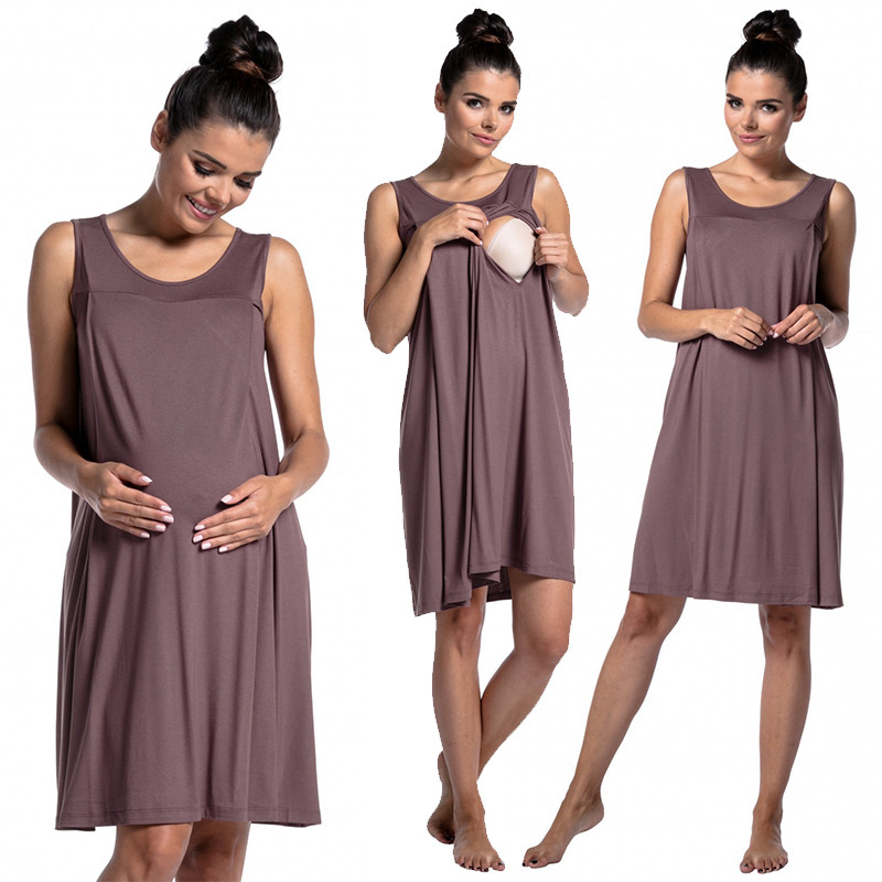 Hot Sell Maternity Cotton Pajamas Solid Color Breast Feeding Lady Dress Pregnant Women Skirt