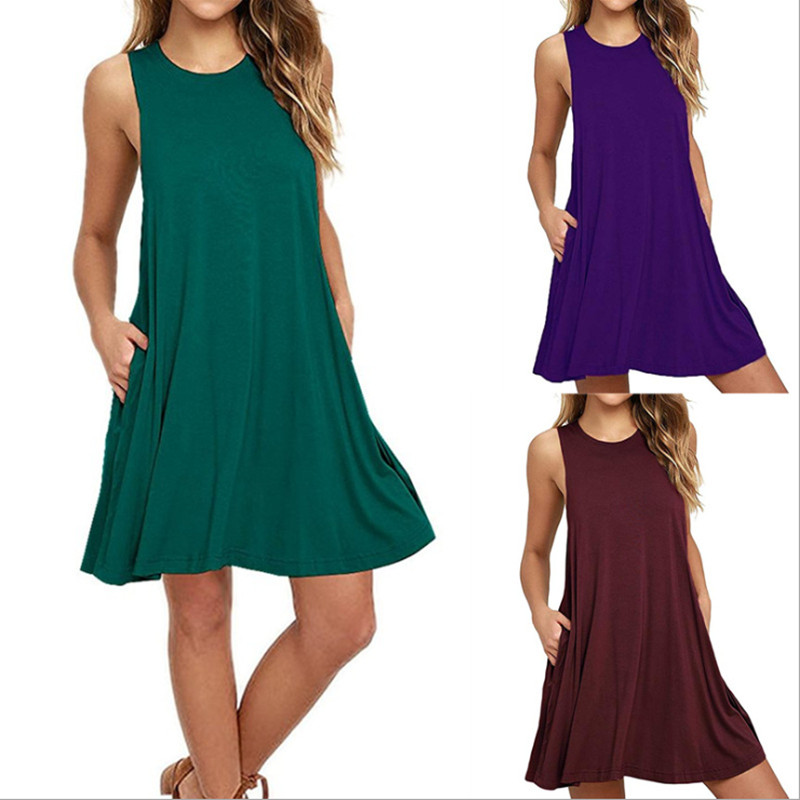 European&amp;American Popular Women's Sleeveless Loose Dress Pocket Vest Solid Color Large Lady Skirt