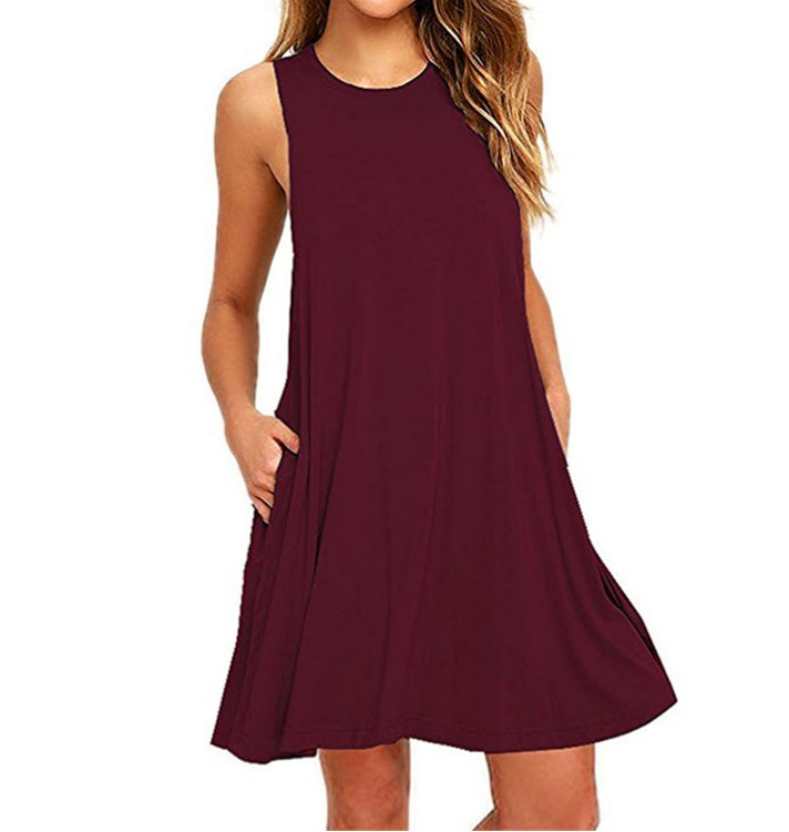 European&amp;American Popular Women's Sleeveless Loose Dress Pocket Vest Solid Color Large Lady Skirt