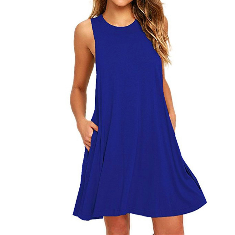 European&amp;American Popular Women's Sleeveless Loose Dress Pocket Vest Solid Color Large Lady Skirt