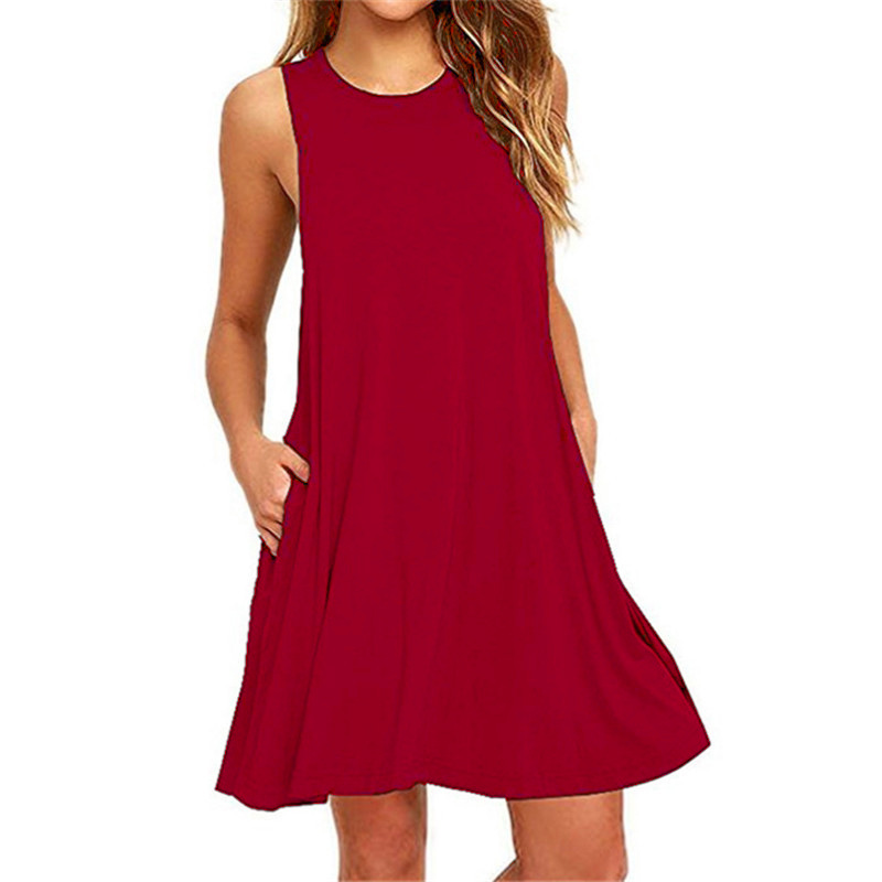 European&amp;American Popular Women's Sleeveless Loose Dress Pocket Vest Solid Color Large Lady Skirt