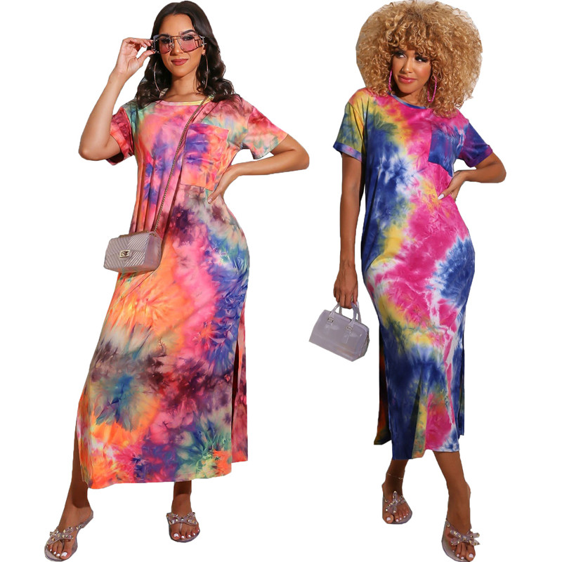 New Style European&amp;American Women&apos;s Dress Tie Dye Printed Long Skirt Short sleeve T-shirt Lady skirt