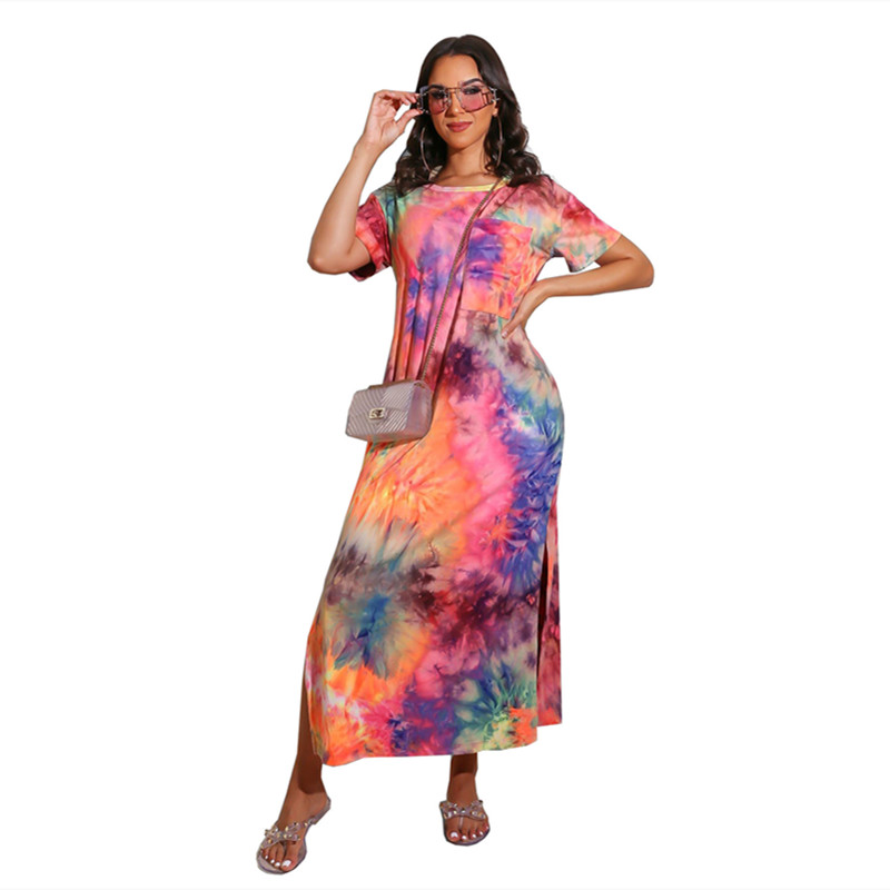 New Style European&amp;American Women&apos;s Dress Tie Dye Printed Long Skirt Short sleeve T-shirt Lady skirt