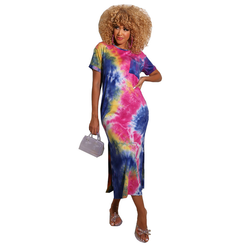 New Style European&amp;American Women&apos;s Dress Tie Dye Printed Long Skirt Short sleeve T-shirt Lady skirt