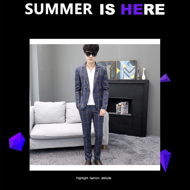Fashion Men's Plaid Casual Suit Jacket Trousers sets Korean Version slim British Style Men's Suits