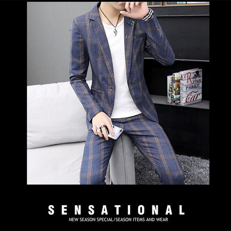 Fashion Men's Plaid Casual Suit Jacket Trousers sets Korean Version slim British Style Men's Suits