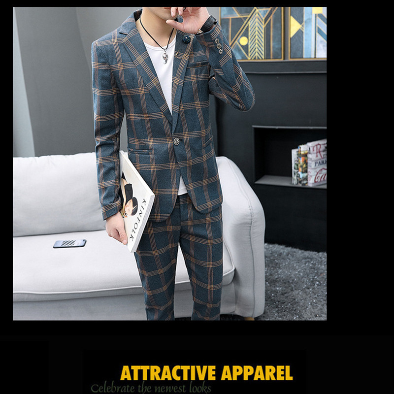 Fashion Men's Plaid Casual Suit Jacket Trousers sets Korean Version slim British Style Men's Suits