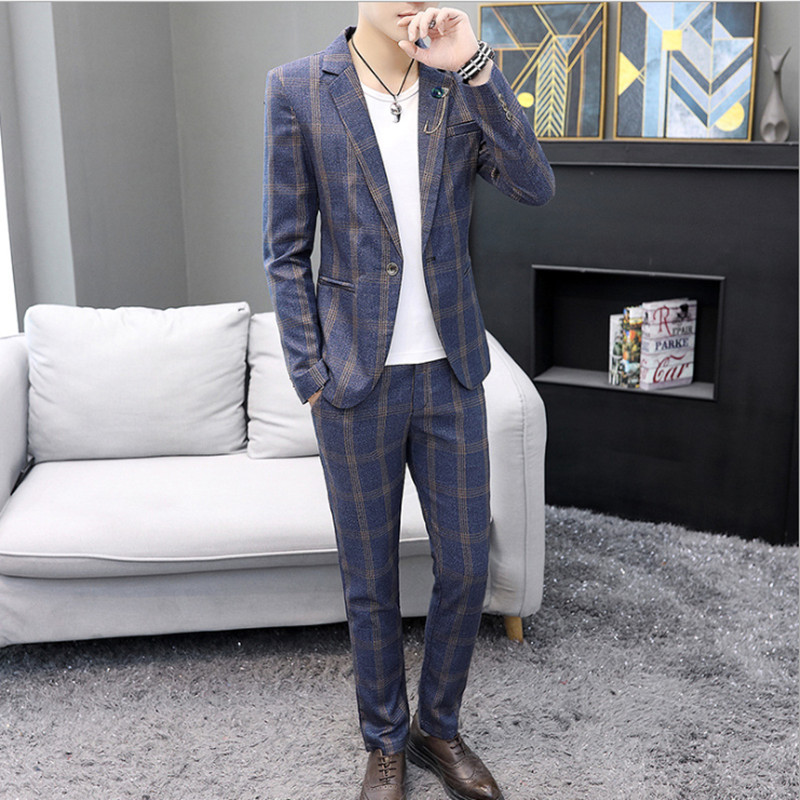 Fashion Men's Plaid Casual Suit Jacket Trousers sets Korean Version slim British Style Men's Suits