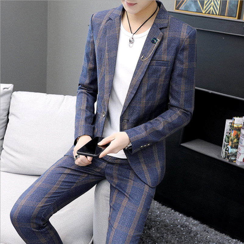 Fashion Men's Plaid Casual Suit Jacket Trousers sets Korean Version slim British Style Men's Suits