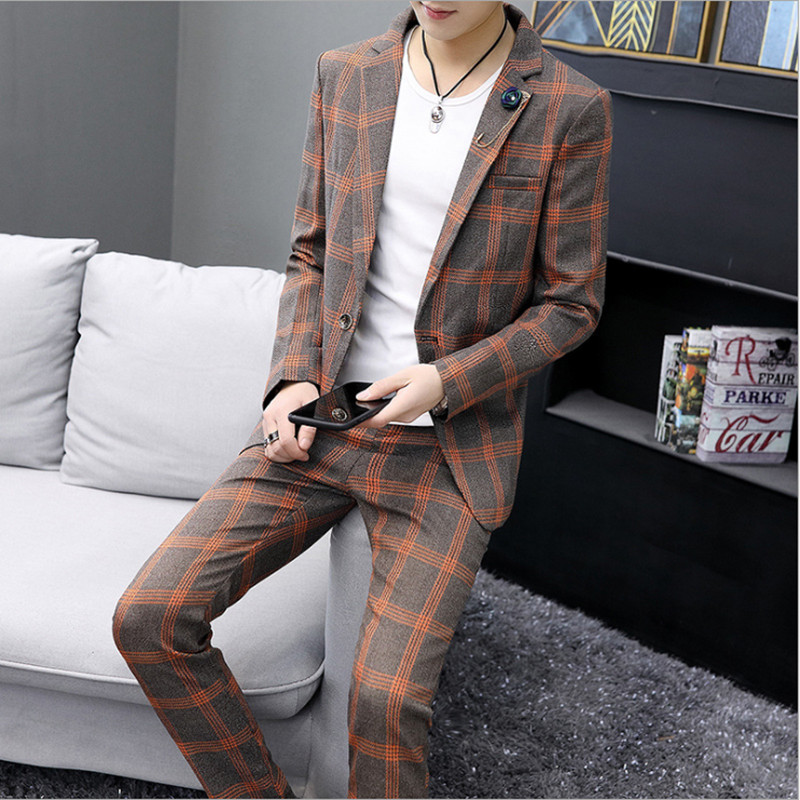 Fashion Men's Plaid Casual Suit Jacket Trousers sets Korean Version slim British Style Men's Suits