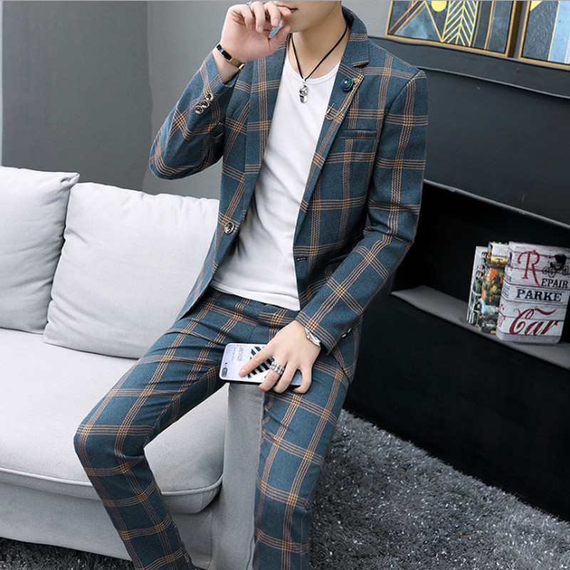 Fashion Men's Plaid Casual Suit Jacket Trousers sets Korean Version slim British Style Men's Suits