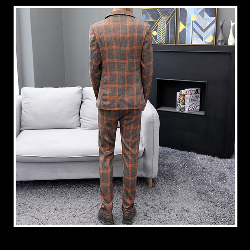 Fashion Men's Plaid Casual Suit Jacket Trousers sets Korean Version slim British Style Men's Suits
